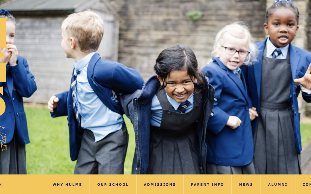 Hulme Grammar School website homepage image. kids laughing