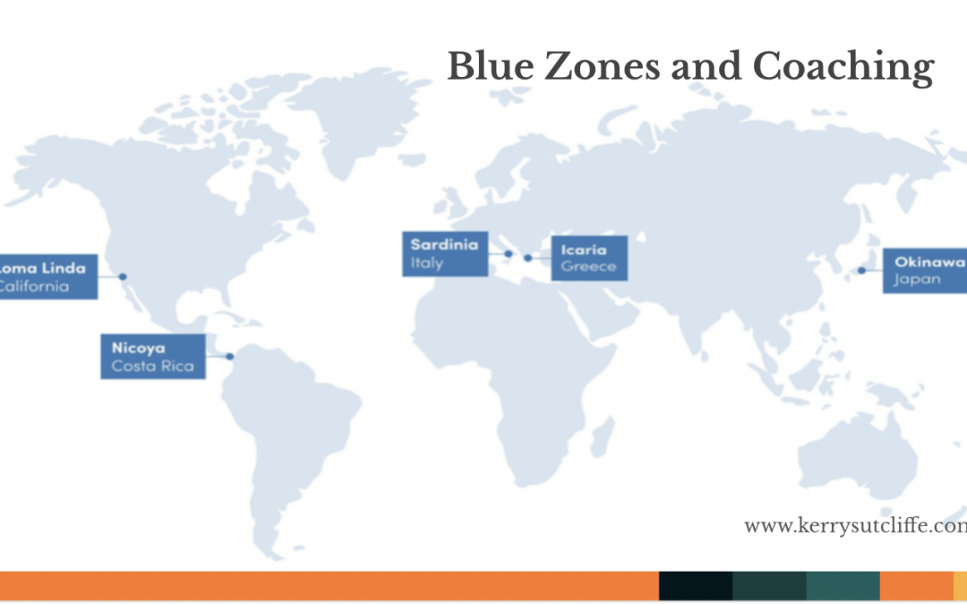 Map of the world with the Blue Zones on it